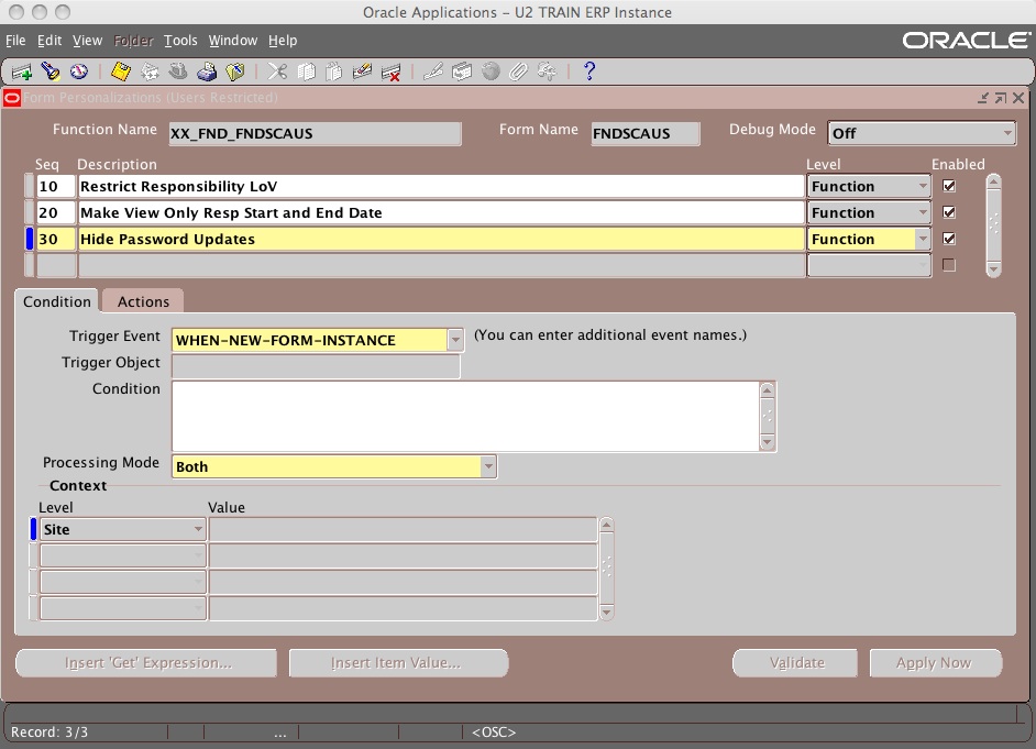 Snapshot 2009 01 15 22 32 25 Form Personalization: Restrict the Responsibilities LoV on the form FNDSCAUS